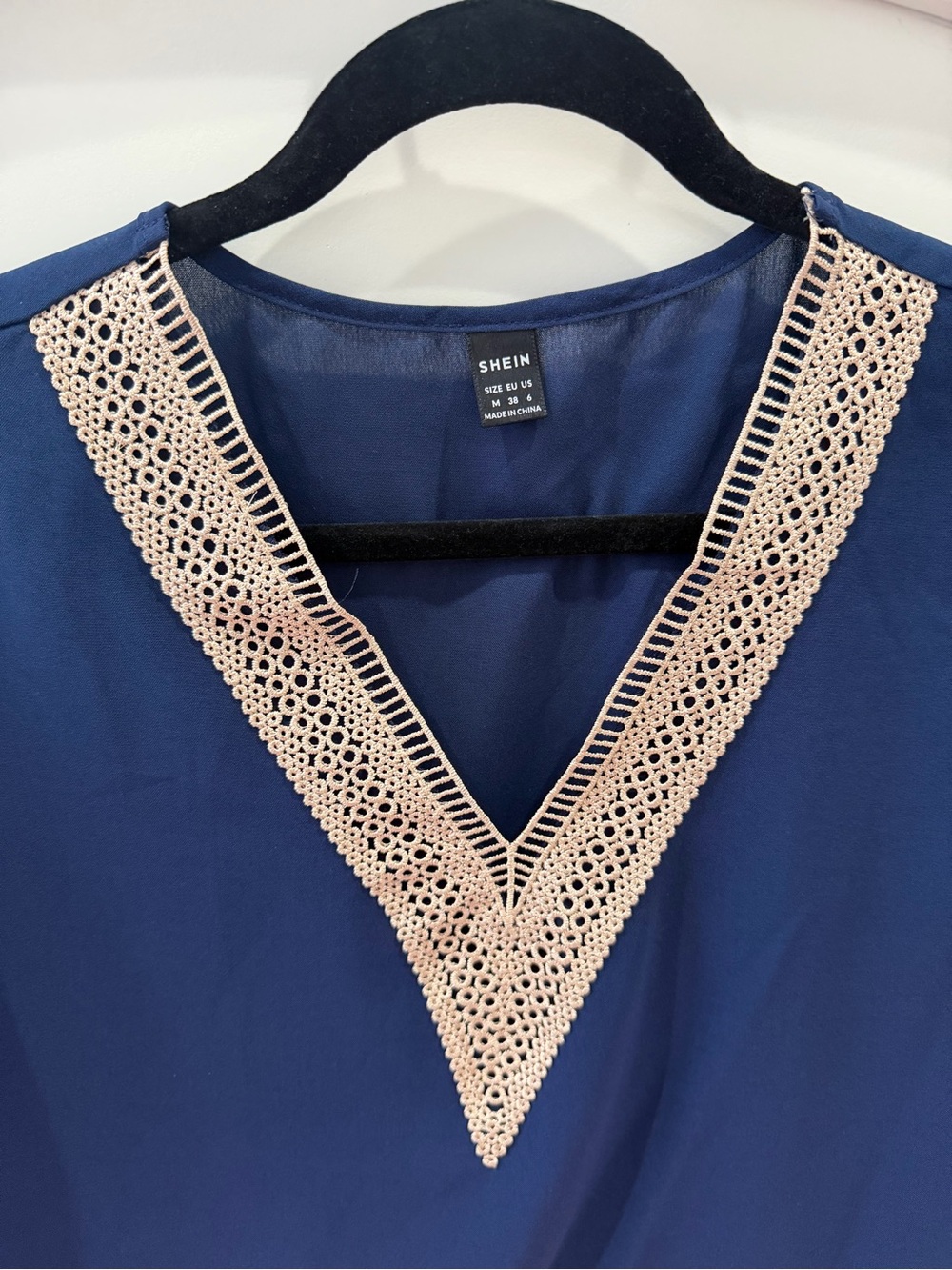 SHEIN Navy V-Neck Tunic with Beige Crochet Trim